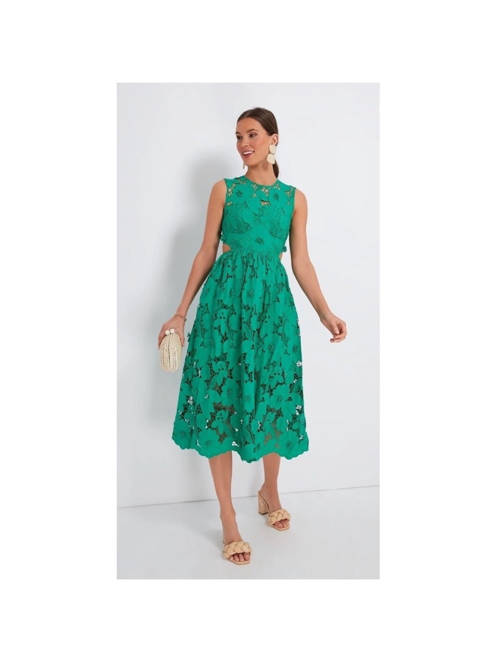 Self-Portrait Emerald Green Sleeveless Lace Midi Dress w Flower Cut Outs